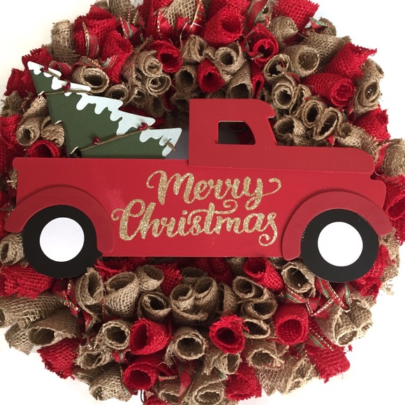 Hand Crafted Christmas Holiday Wreath Red and Tan Burlap Hanger Storage Bag - Picture 2 of 8